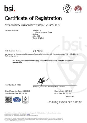 Сертификат BSI ISO 14001:2015 производителя уплотнителей Schlegel